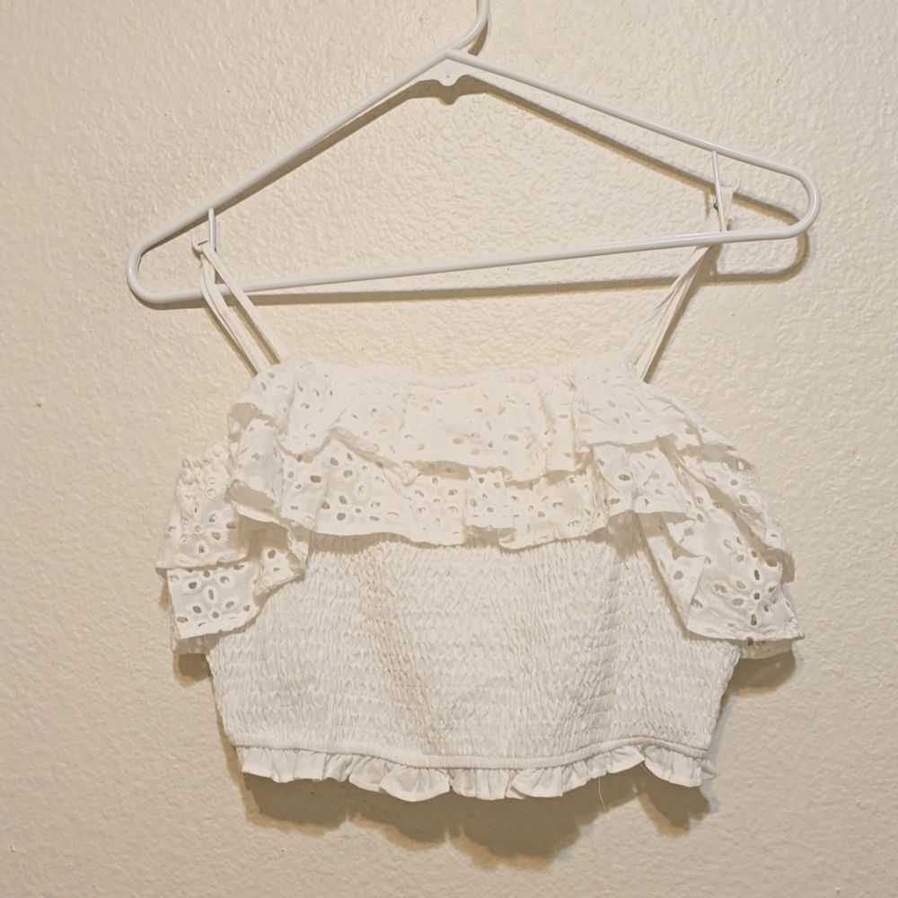 A. Peach Eyelet Crop Top With Ruffle smocked & Adjustable Straps